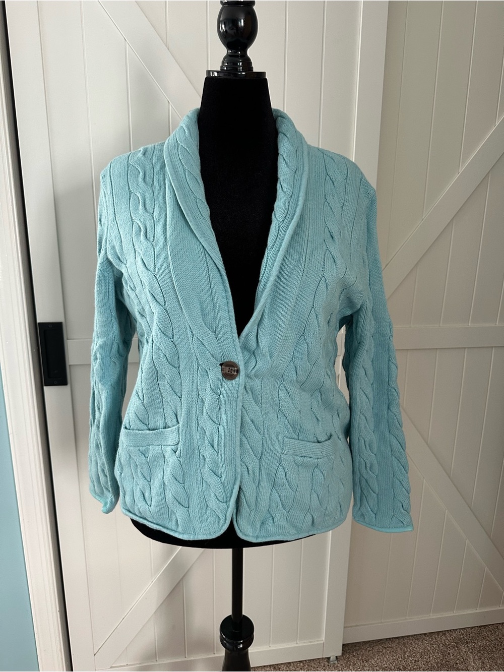 Talbots Petite XLP Light Aqua Blue Cable Knit Sweater Wool Blend Blazer Cardigan